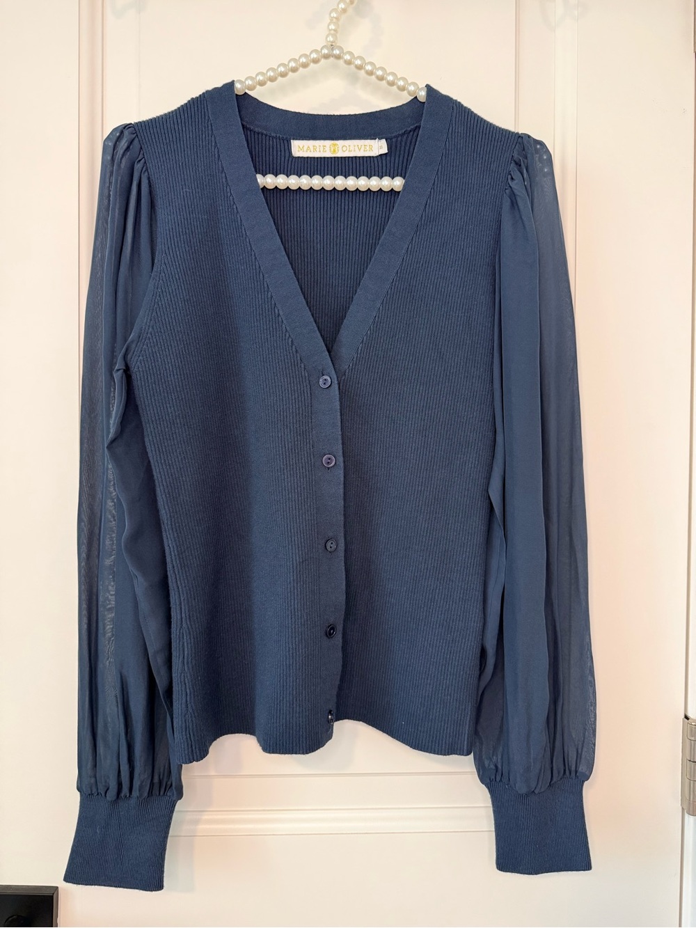 Marie Oliver Landry Button Front Knit Cardigan with Sheer Puff Sleeves XS
